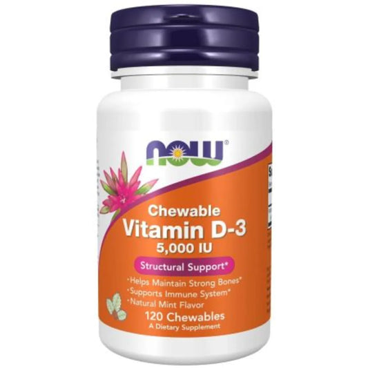 NOW Foods Vitamin D-3 5,000 IU 120 Mint Flavour Chewables
